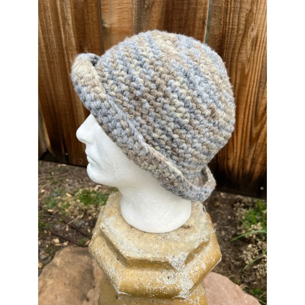 Handmade Crochet Beanie‎ Hat Gray Tan Blue Warm Winter Unisex Adult One Size